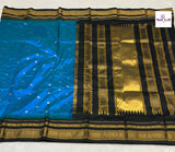 Teal Blue Traditional Pure Silk Irkal Butta Sarees — full saree draped and laid flat — Vidhate Paithani, Yeola
