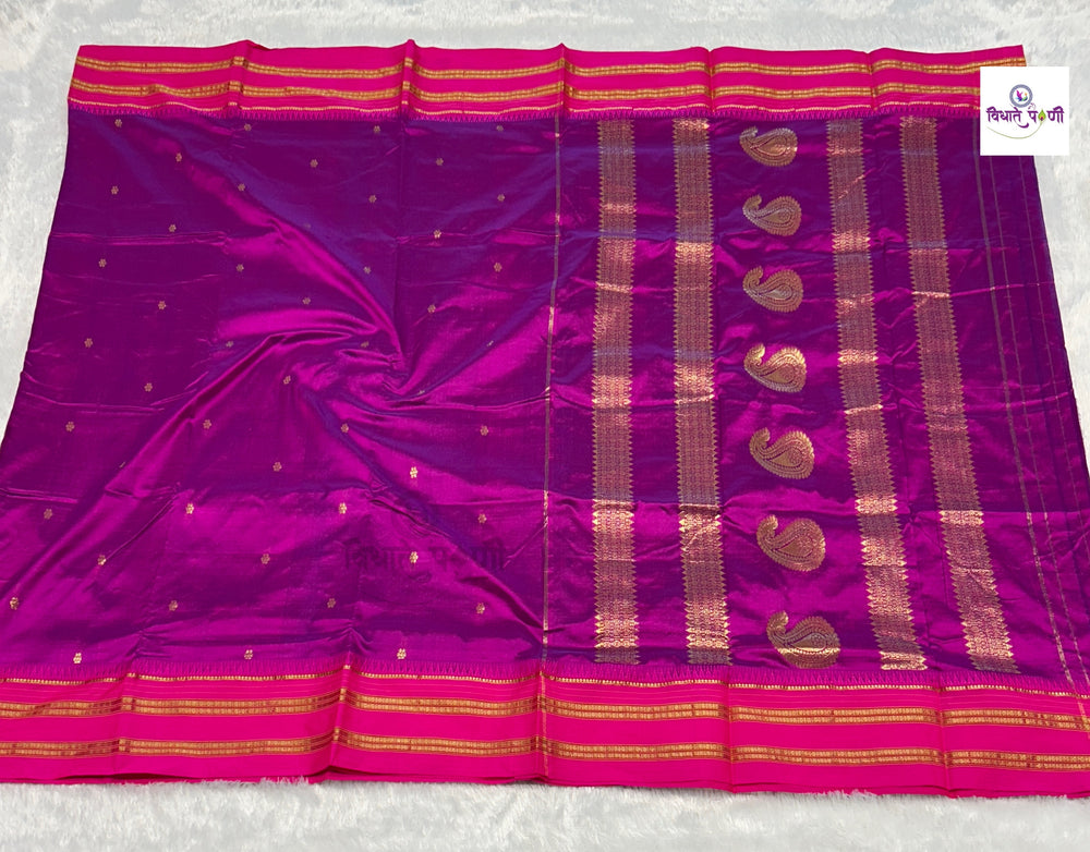 Narayanpeth Single Ply Pure Silk Saree - MagentaPink — full saree draped and laid flat — Vidhate Paithani, Yeola