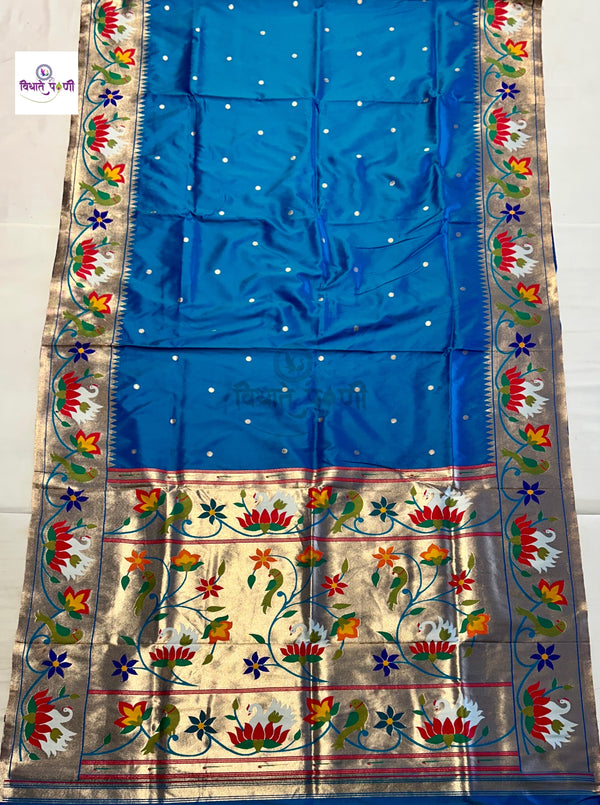 Soft Silk Lotus- Swan Paithani Saree- Sea Blue