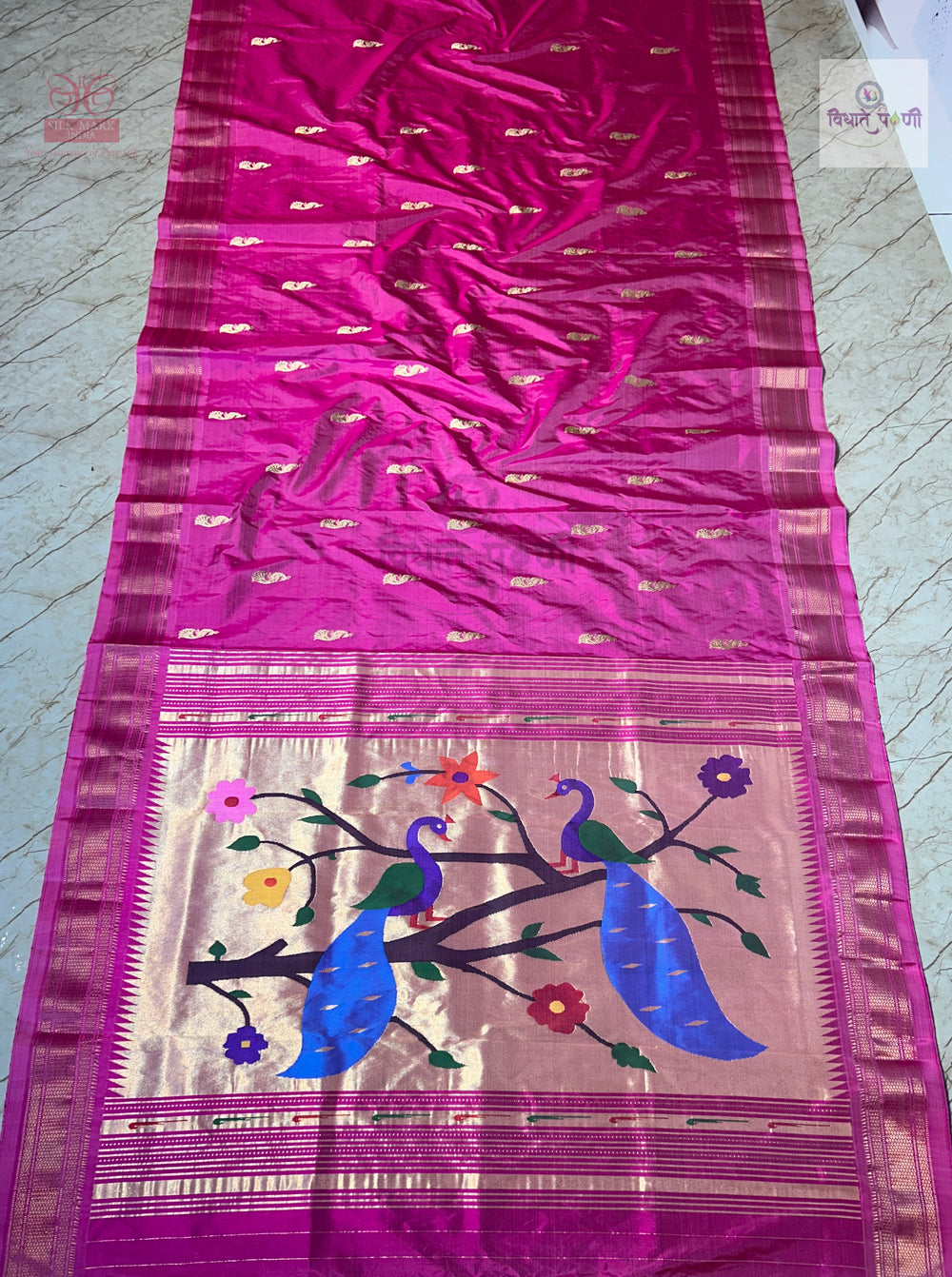 Handloom Pure Silk Designer Pallu Paithani Saree — full saree draped and laid flat — Vidhate Paithani, Yeola