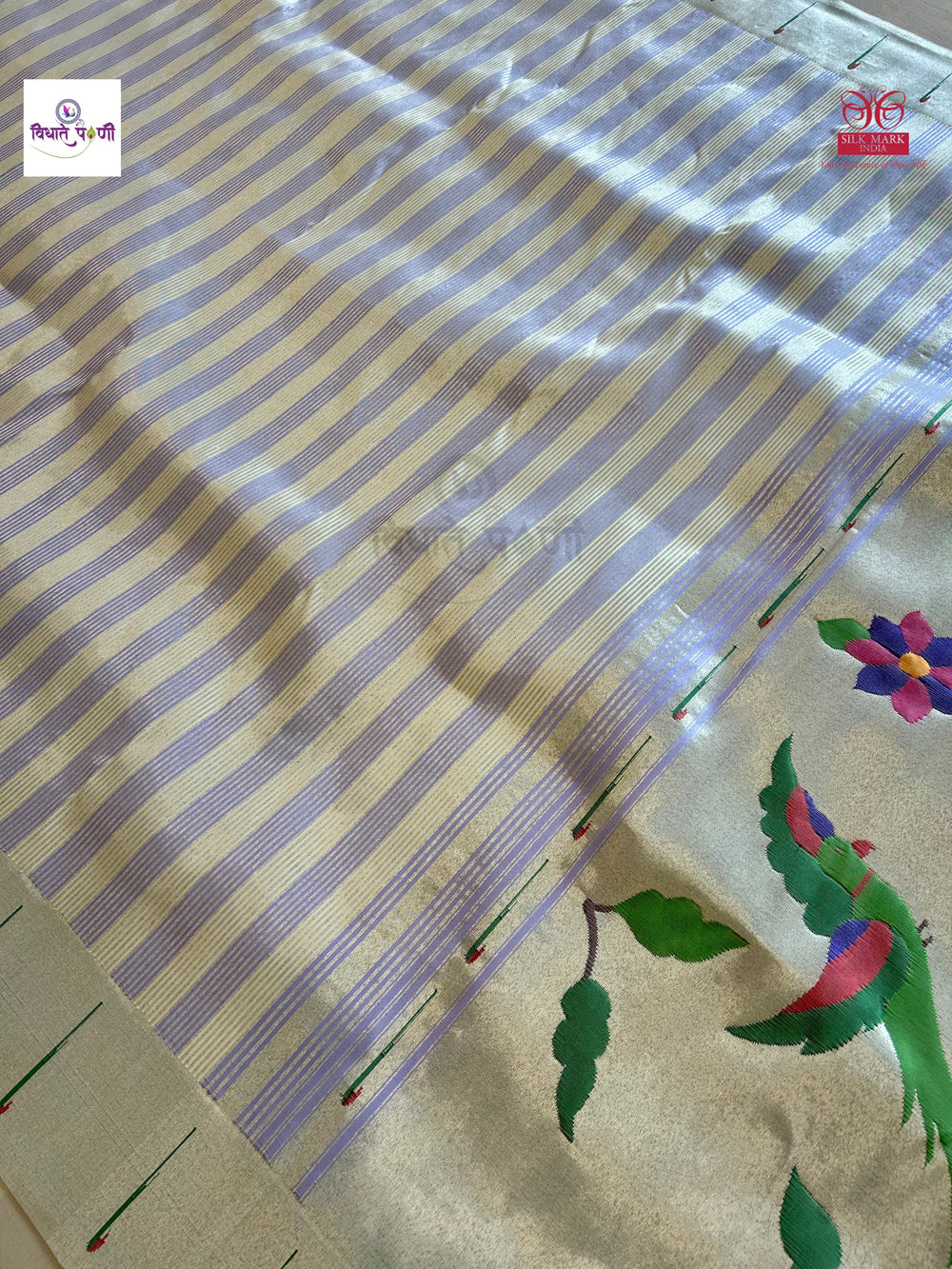 White Handloom Pure Silk Single Munia Paithani Saree — pallu with zari brocade detail — Vidhate Paithani, Yeola