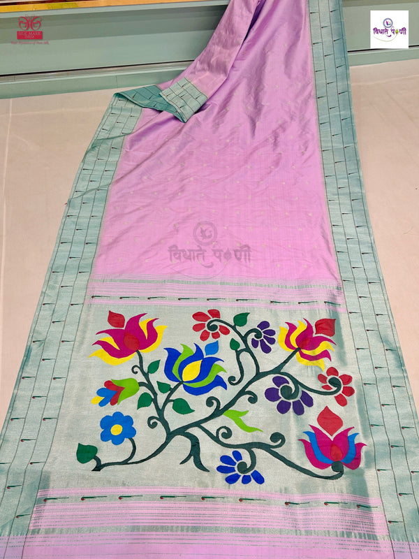Handloom Pure Silk Triple Munia Border Paithani Saree - Lavender