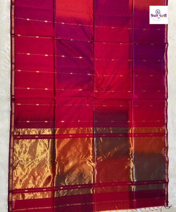 Handloom Pure Silk by Cotton Maheshwari Sarees- Stripes — full saree draped and laid flat — Vidhate Paithani, Yeola