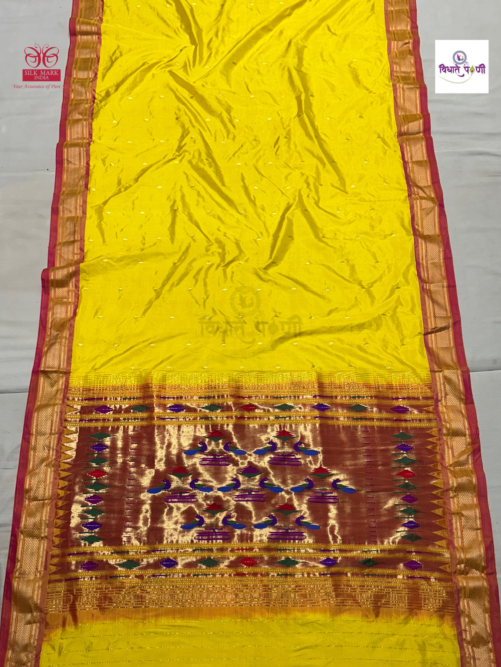 Handloom Pure Silk Double Pallu Paithani Saree - Lemon Yellow