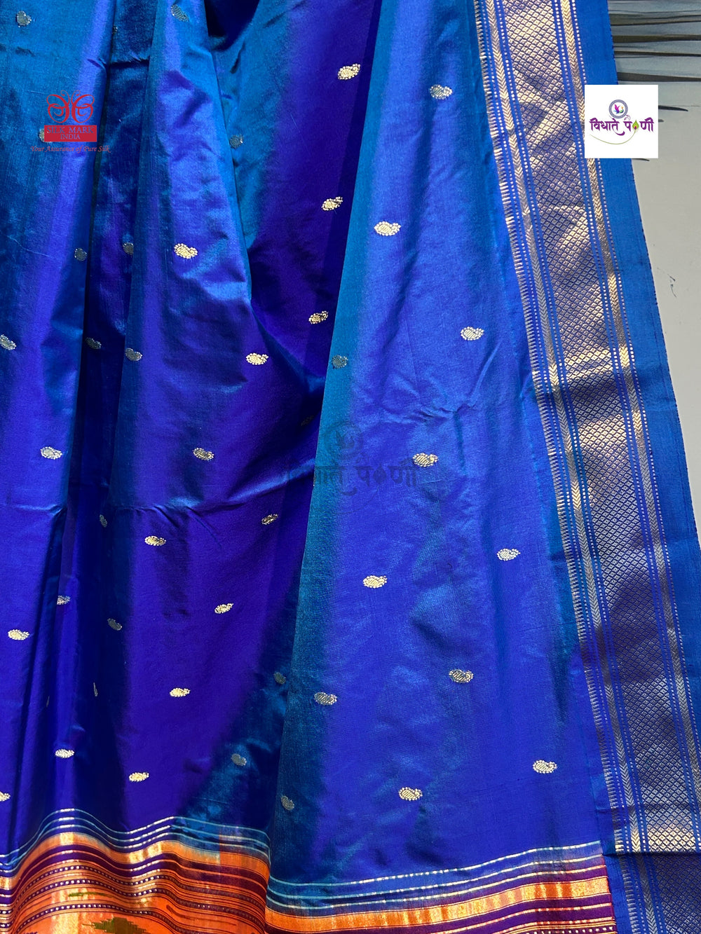 Handloom Pure Silk Double Pallu Paithani Saree - Blue