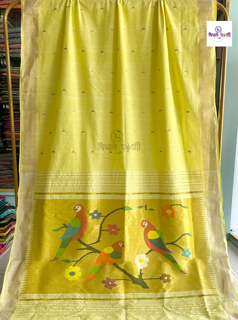 LemonYellow Handloom Pure Cotton Paithani Saree - American Parrot — full saree draped and laid flat — Vidhate Paithani, Yeola