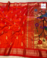 Handloom Pure Silk Designer Pallu Paithani- 9 Yard Orange — full saree draped and laid flat — Vidhate Paithani, Yeola
