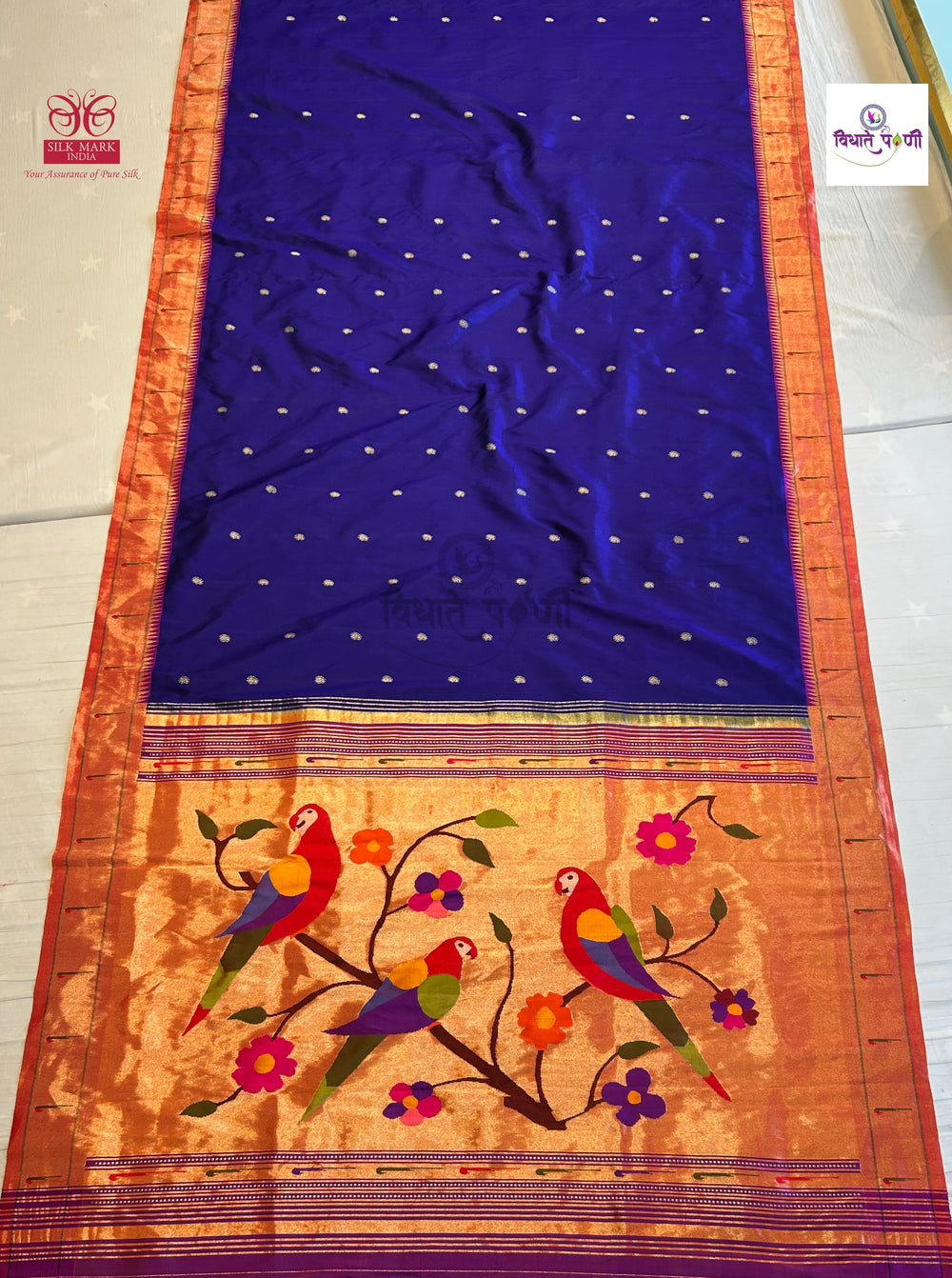 Handloom Pure Silk Single Munia Paithani Saree - Navy