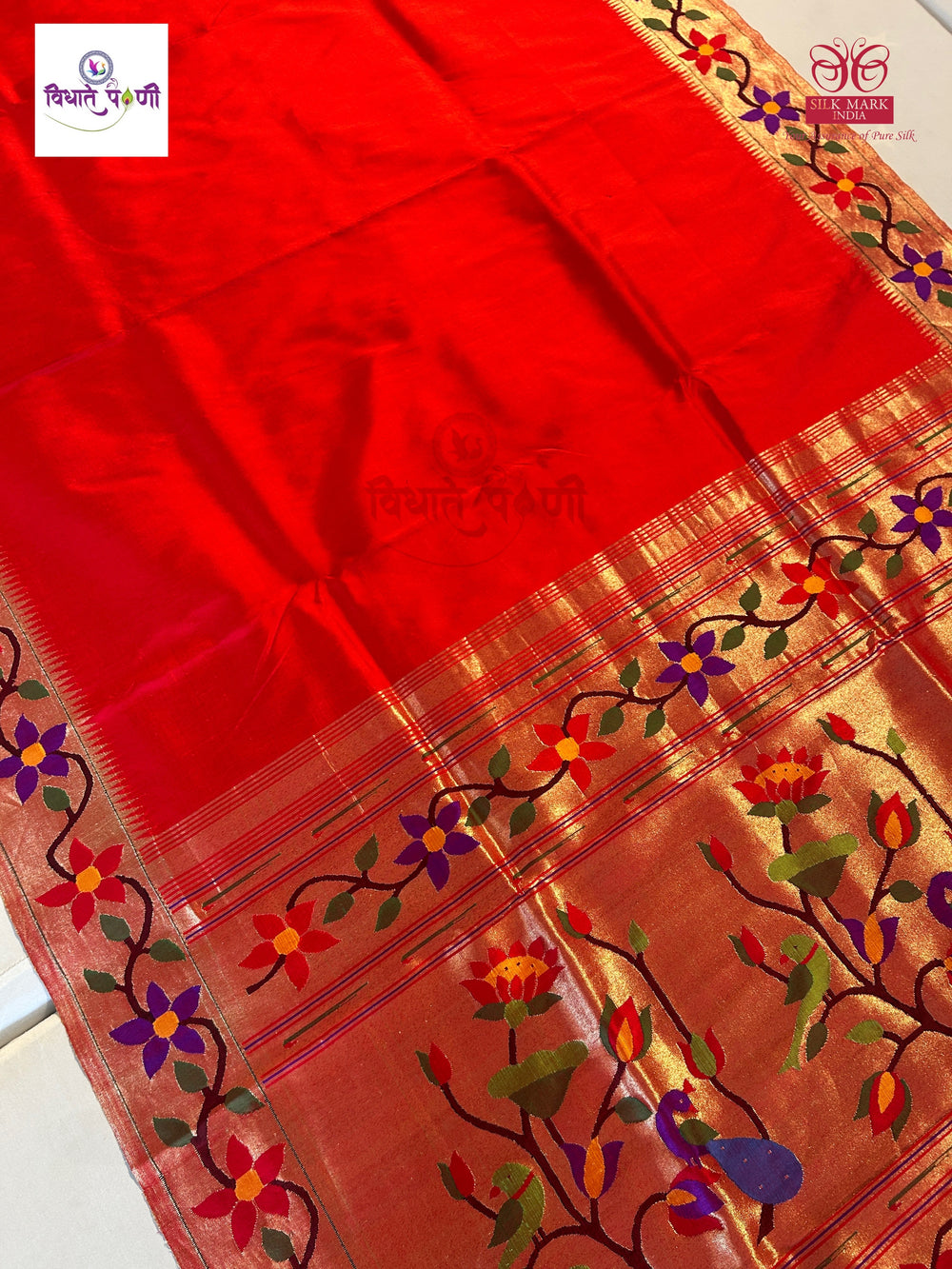 Handloom Pure Silk Sadafuli Brocade Paithani Saree- Red