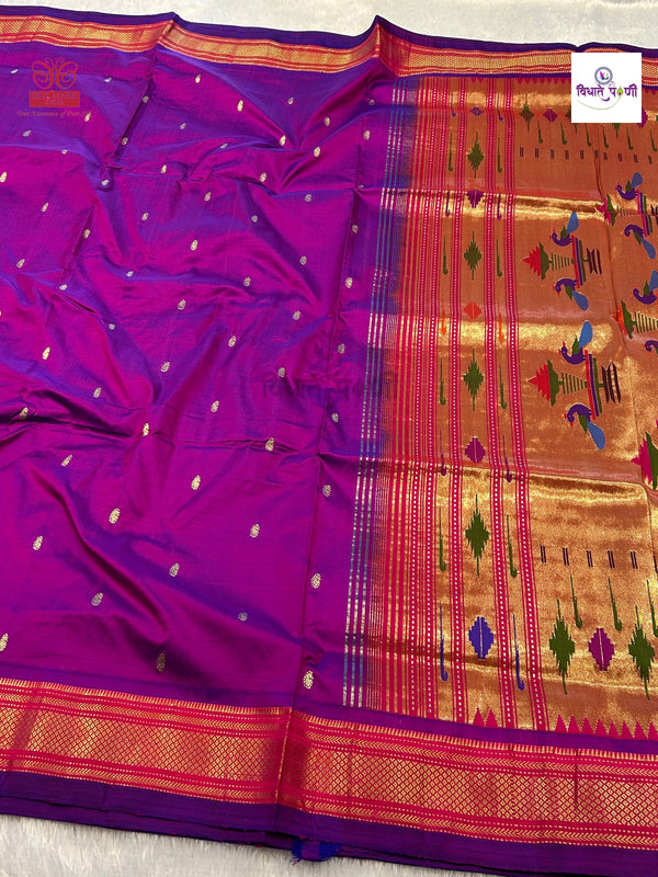 Handloom Pure Silk Double Pallu Paithani Saree - Magenta