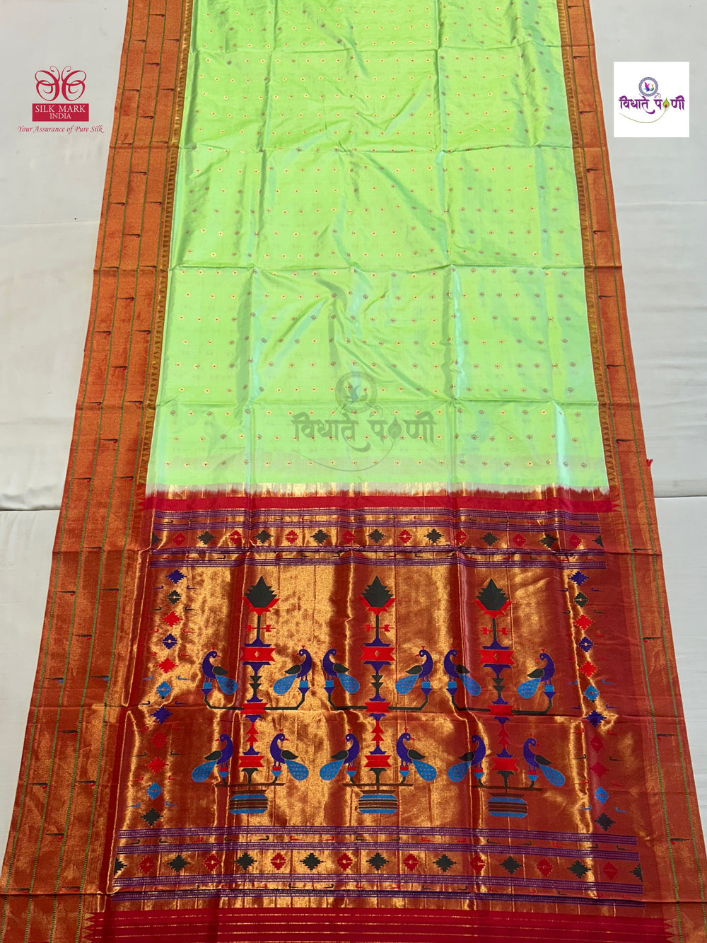 Powerloom Pure Silk Triple Munia Paithani Saree – Pista Green | Monsoon Sale