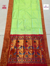 Pista Green Powerloom Pure Silk Triple Munia Paithani Saree — full saree draped and laid flat — Vidhate Paithani, Yeola