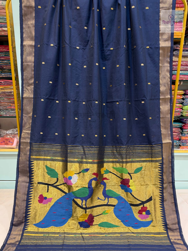 Handloom Pure Cotton Paithani Saree - Peacock Pallu - Navy