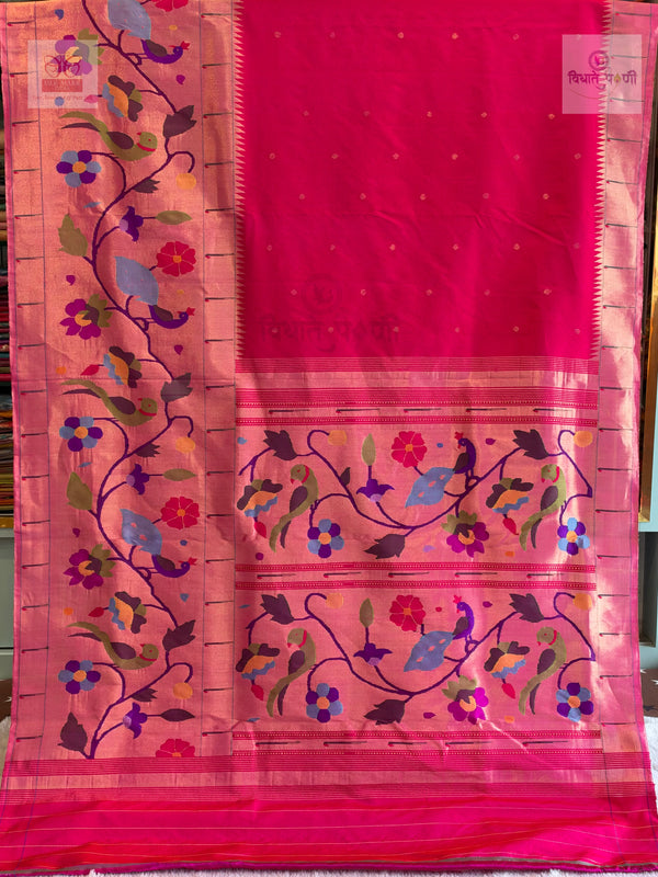 Handloom Pure Silk Half All Over Brocade Paithani Saree- Pink