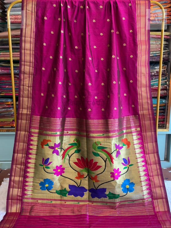 Handloom Pure Silk Chandrakor Butta Paithani Saree - Dark Magenta