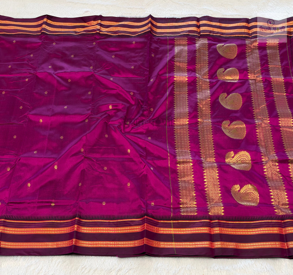 Narayanpeth Single Ply Pure Silk Saree – Magenta — full saree draped and laid flat — Vidhate Paithani, Yeola