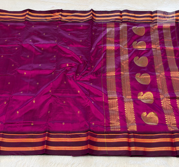 Narayanpeth Single Ply Pure Silk Saree – Magenta — full saree draped and laid flat — Vidhate Paithani, Yeola