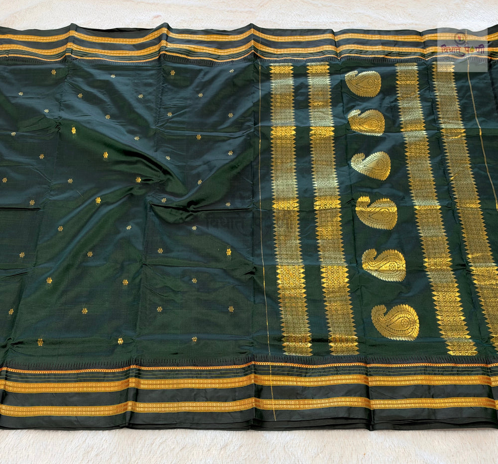 Narayanpeth Single Ply Pure Silk Saree – Dark Green — full saree draped and laid flat — Vidhate Paithani, Yeola
