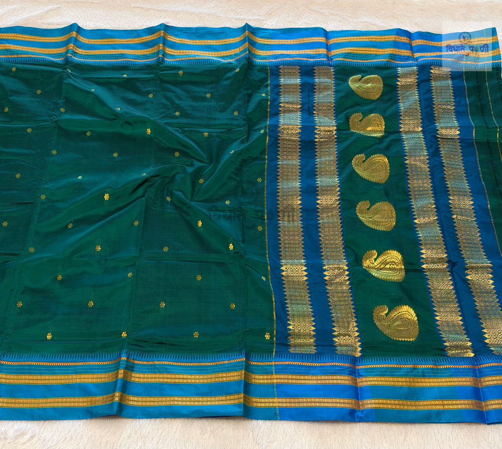 Narayanpeth Single Ply Pure Silk Saree – Rama Green — full saree draped and laid flat — Vidhate Paithani, Yeola