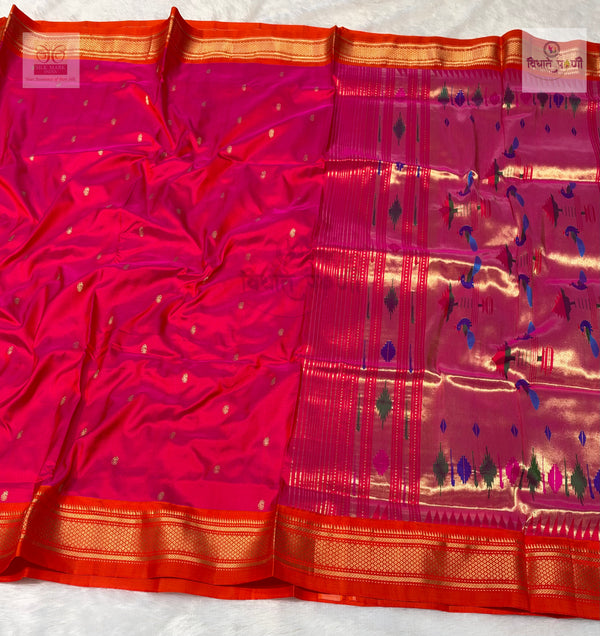 Handloom Pure Silk Double Pallu Paithani Saree - Red-Pink Mix