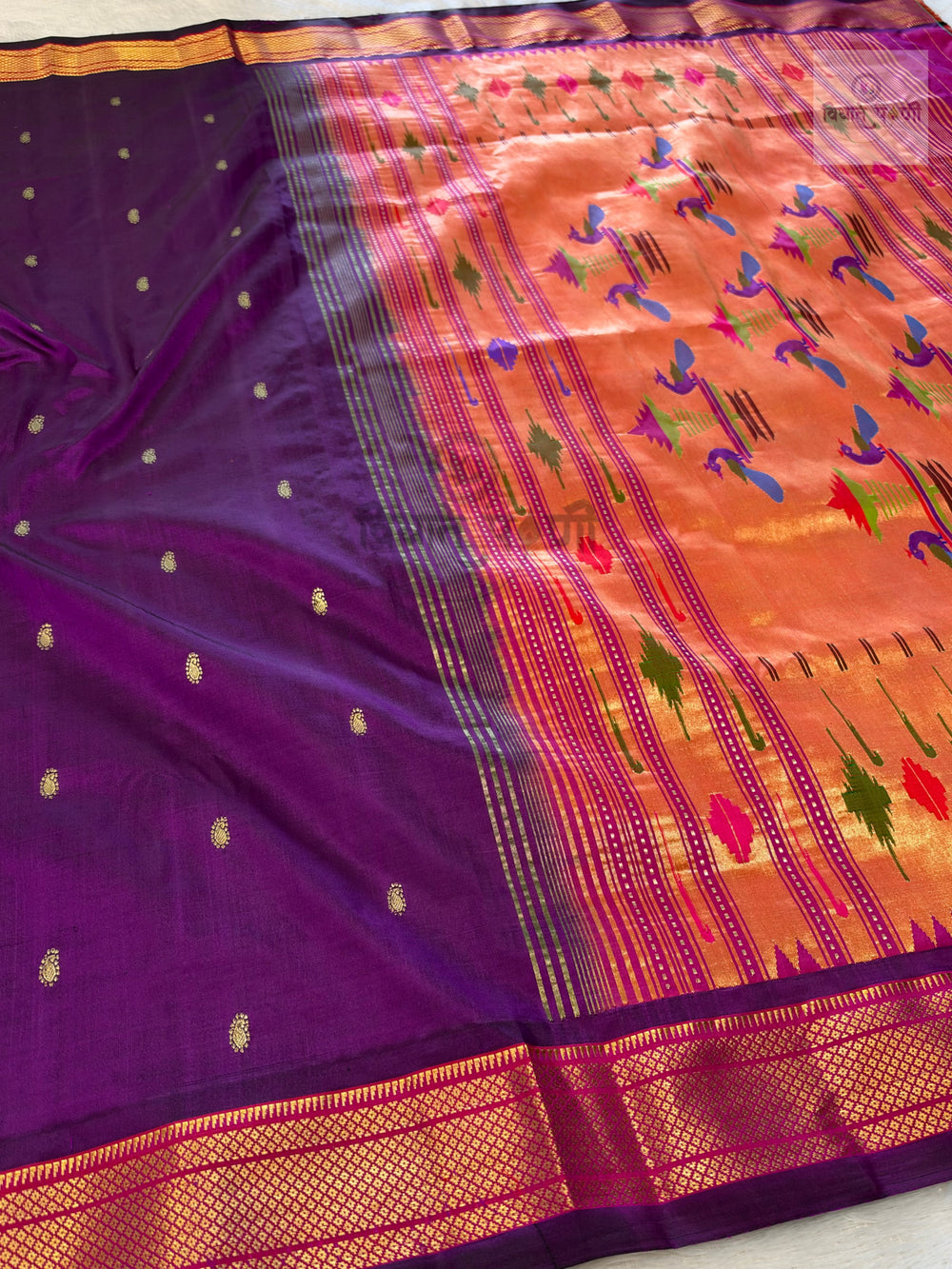 Handloom Pure Silk Double Pallu Paithani Saree - Brinjal