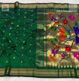 Handloom Pure Silk Chandrakor Butta Paithani Saree - Bottle Green — full saree draped and laid flat — Vidhate Paithani, Yeola