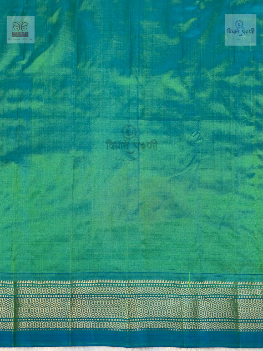 Handloom Pure Silk Chandrakor Butta Paithani Saree - Turquoise — border close-up — Vidhate Paithani, Yeola