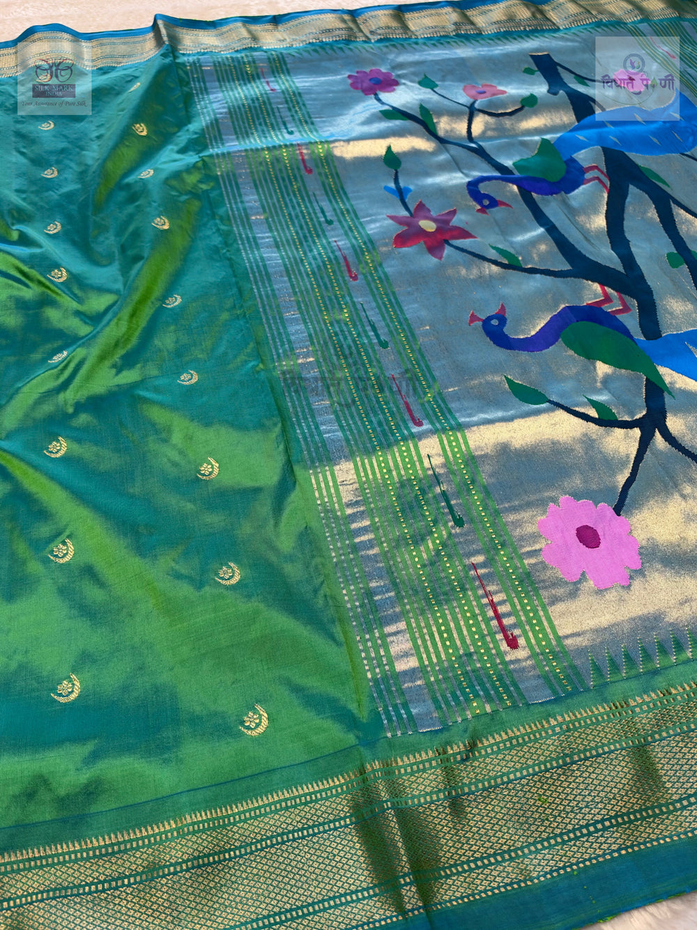 Handloom Pure Silk Chandrakor Butta Paithani Saree - Turquoise — pallu with woven border detail — Vidhate Paithani, Yeola
