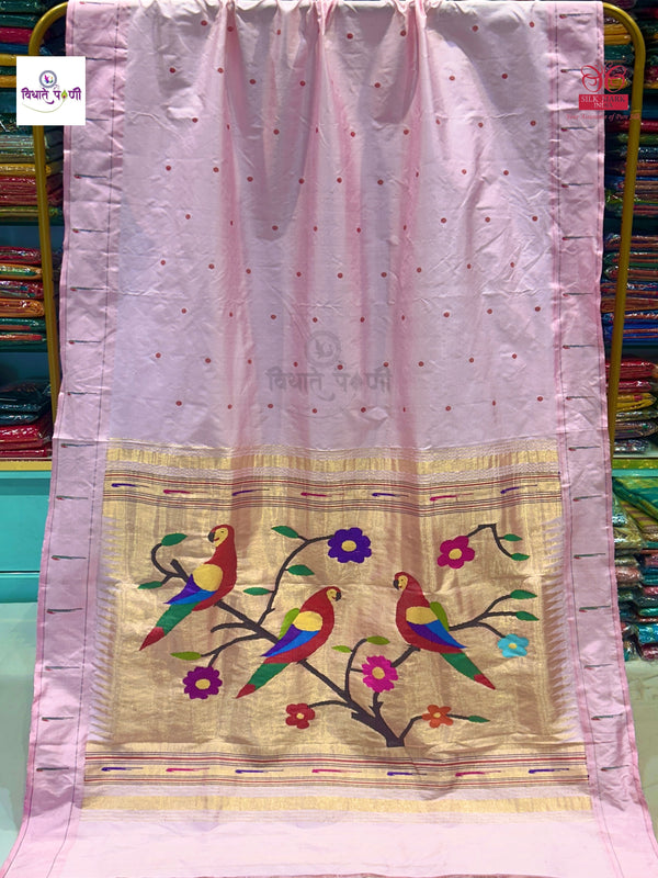 Handloom Pure Silk Single Munia Paithani Saree - Pastel Pink