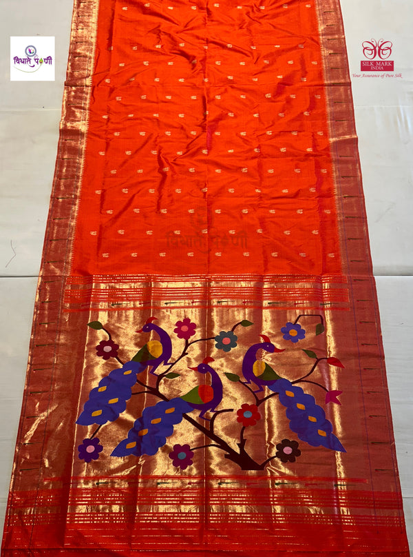Handloom Pure Silk Single Munia Paithani Saree - Red 4