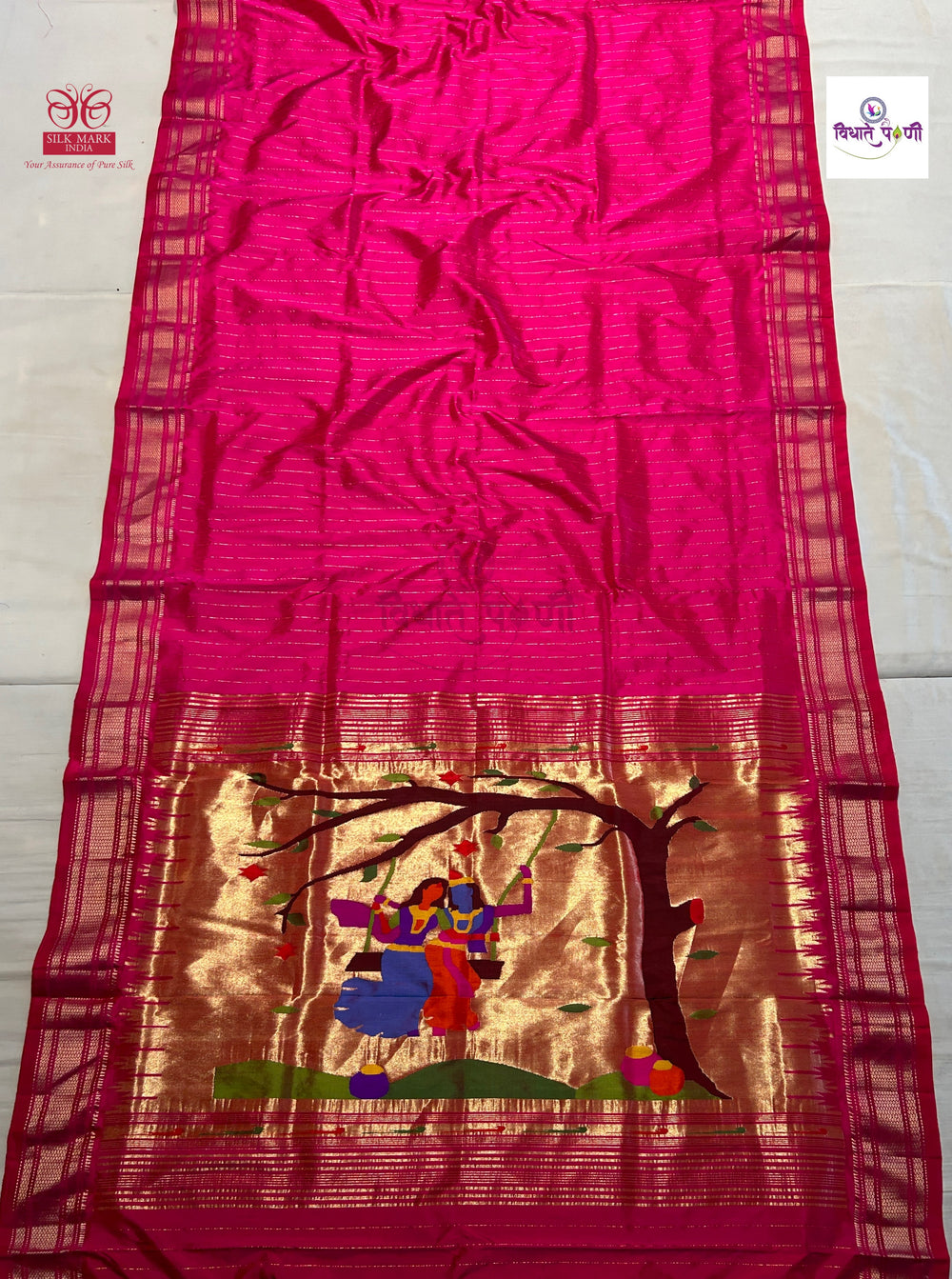 Hot Pink Handloom Pure Silk Stripes Paithani Saree - Designer Pallu — full saree draped and laid flat — Vidhate Paithani, Yeola