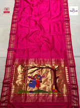Hot Pink Handloom Pure Silk Stripes Paithani Saree - Designer Pallu — full saree draped and laid flat — Vidhate Paithani, Yeola