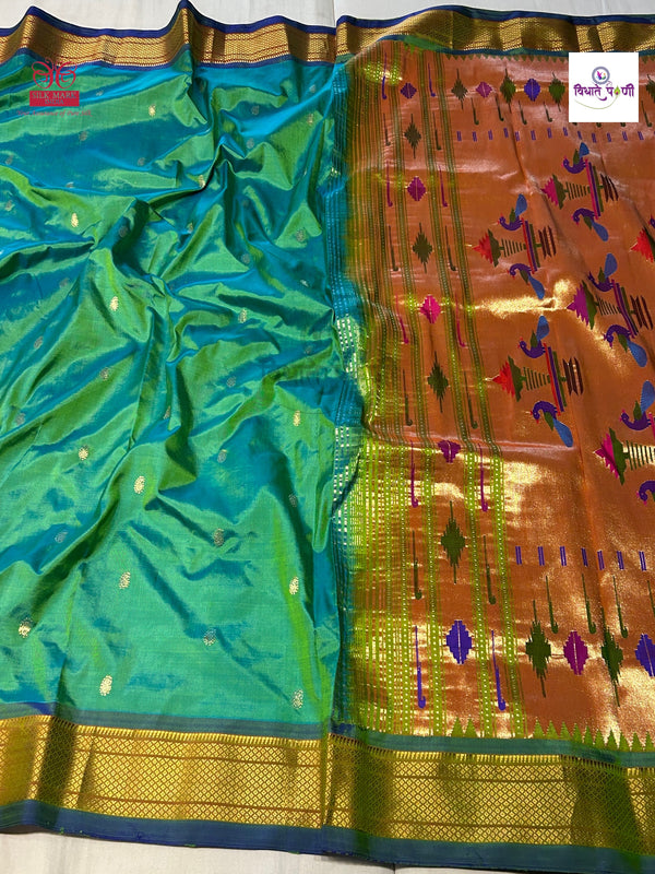 Handloom Pure Silk Double Pallu Paithani Saree - Sea Green