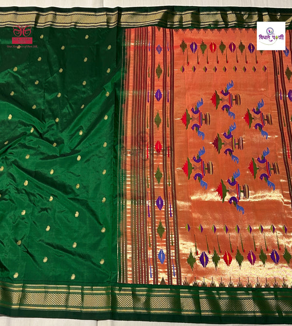 Handloom Pure Silk Double Pallu Paithani Saree - Bottle Green