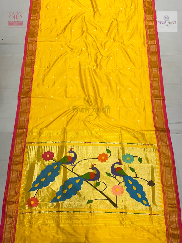 Handloom Pure Silk Chandrakor Butta Paithani Saree - Lemon Yellow