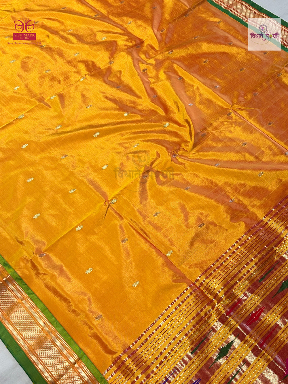 Handloom Pure Silk Single Pallu Paithani Saree- Mango