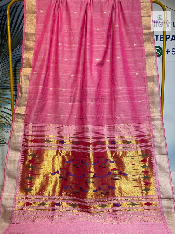 Handloom Pure Cotton Paithani Saree - Double Pallu - FuchsiaPink