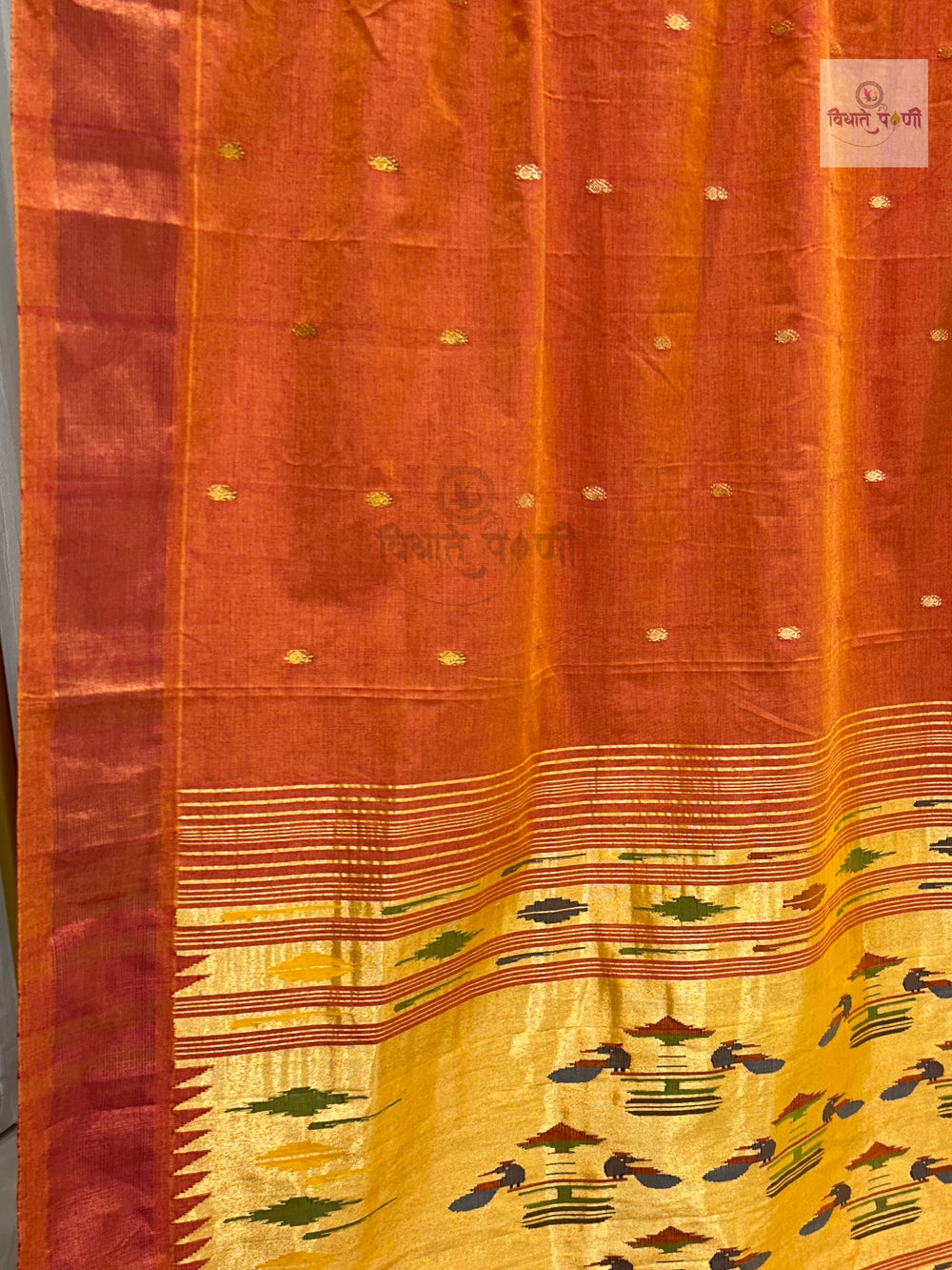 Handloom Pure Cotton Paithani Saree- Double Pallu- Orange Yellow Mix