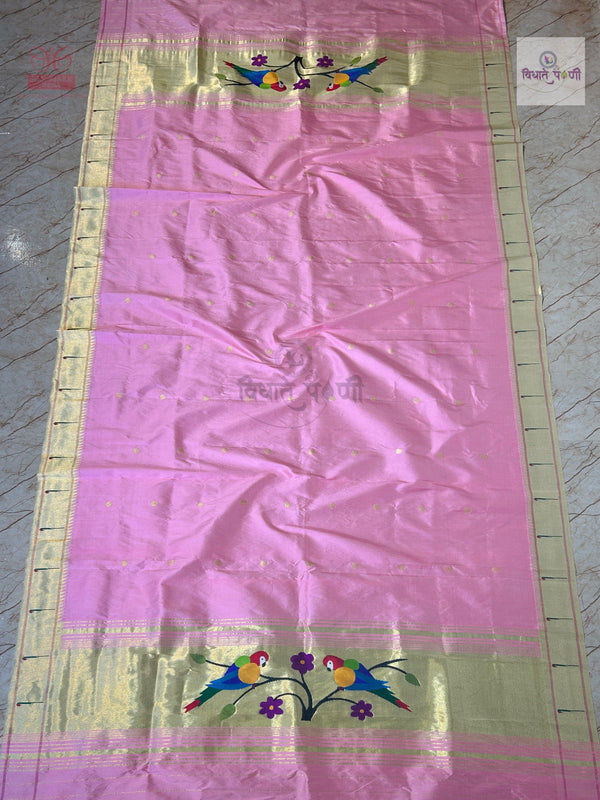 Munia Border Paithani Dupatta - Pastel Pink — full dupatta laid flat — Vidhate Paithani, Yeola