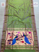 Handloom Pure Silk Chandrakor Butta Paithani Saree - Pista Green — full saree — Vidhate Paithani, Yeola