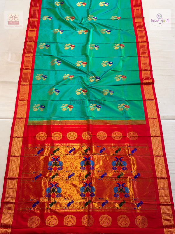 Handloom Pure Silk Maharani Paithani Saree- Big Butties — full saree — Vidhate Paithani, Yeola