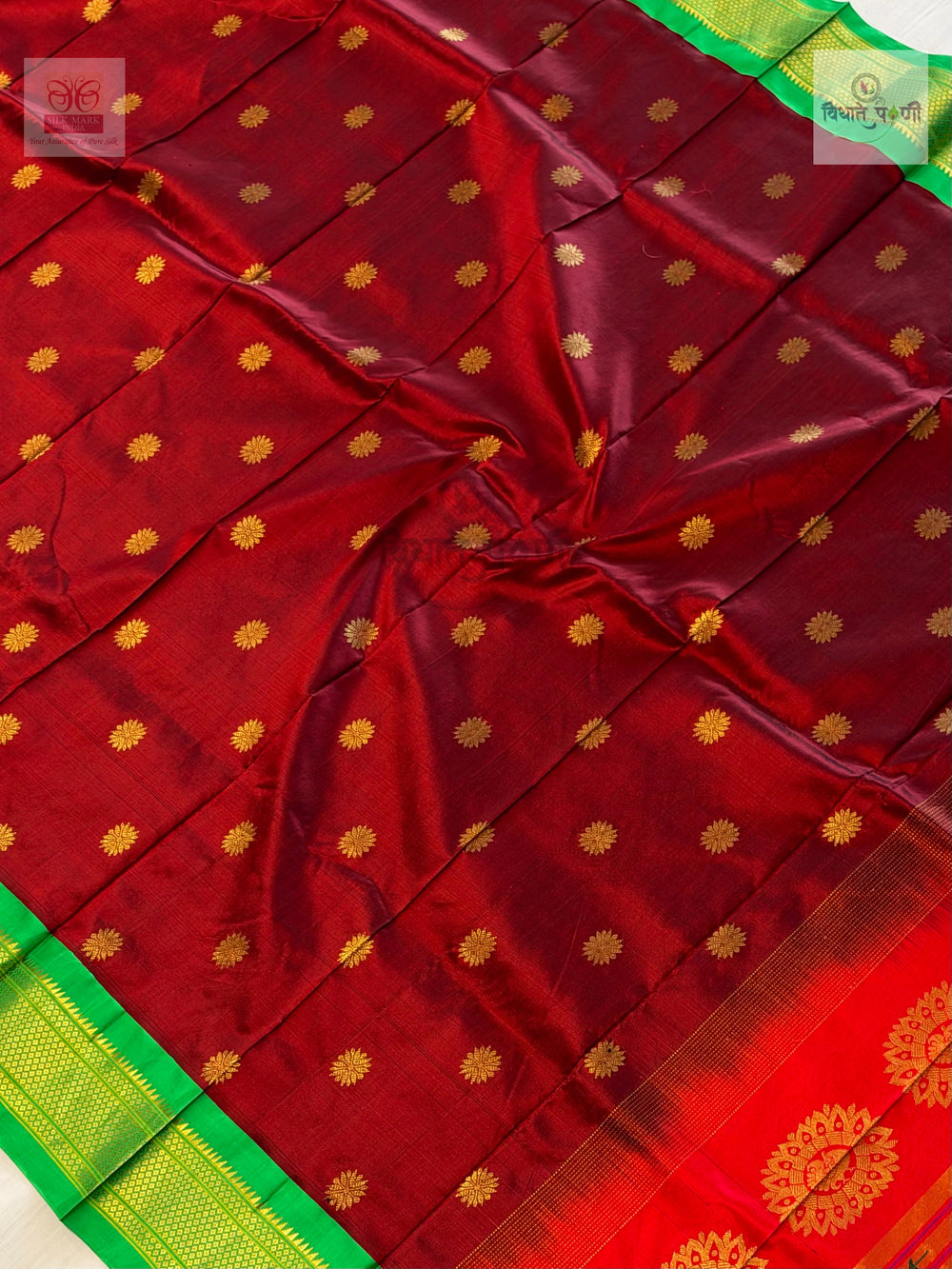 Handloom Pure Silk Maharani Paithani Saree- Maroon — close-up — Vidhate Paithani, Yeola
