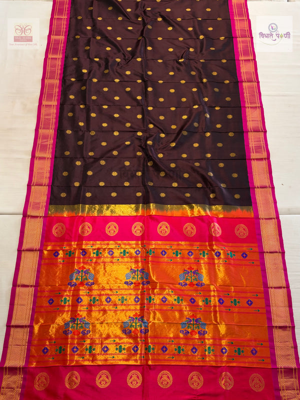 Handloom Pure Silk Maharani Paithani Saree- Maroon — full saree — Vidhate Paithani, Yeola