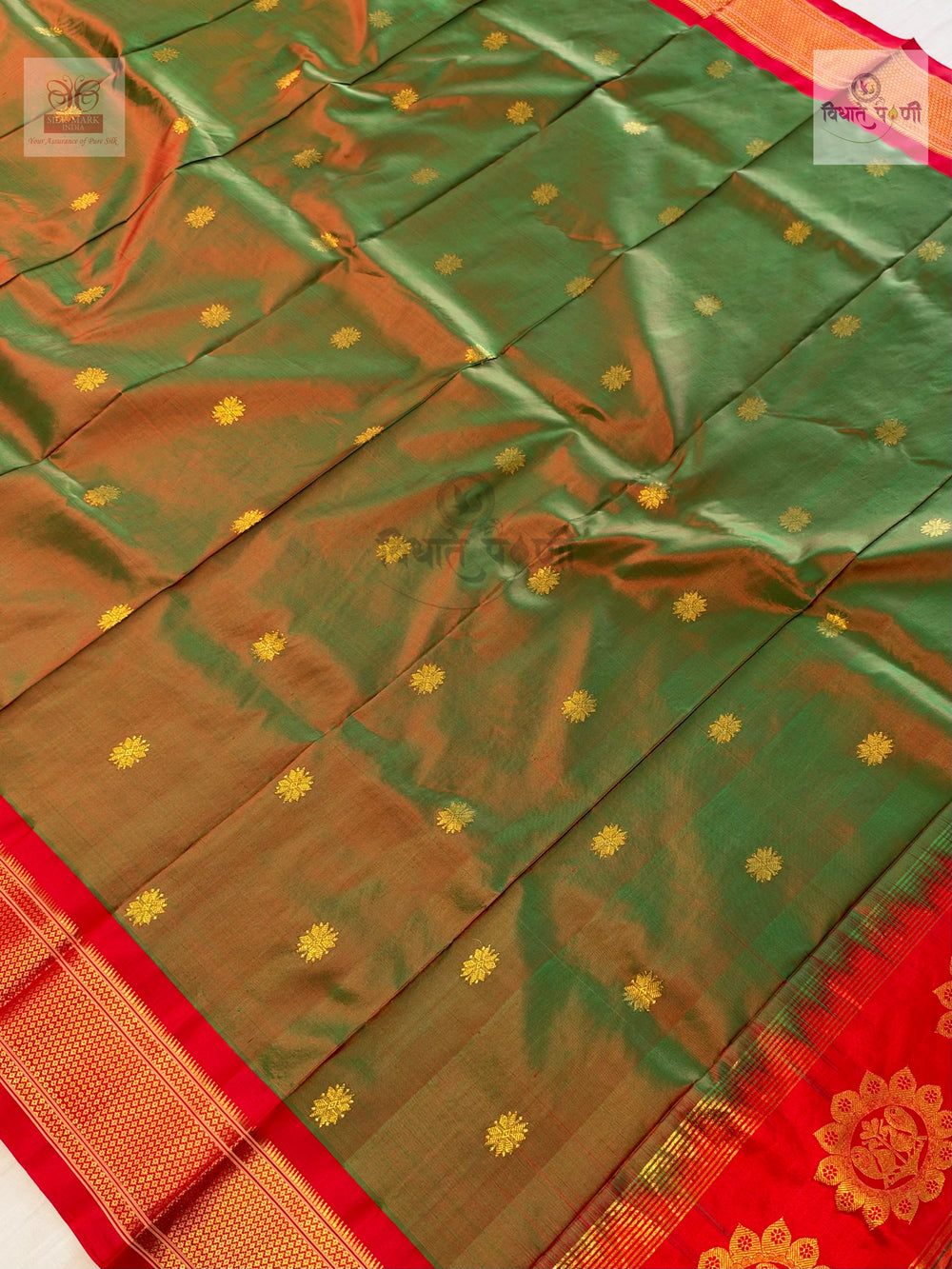 Handloom Pure Silk Maharani Paithani Saree- Anjeri — close-up — Vidhate Paithani, Yeola