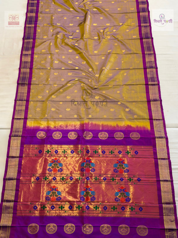 Handloom Pure Silk Maharani Paithani Saree- Two Tone — full saree — Vidhate Paithani, Yeola