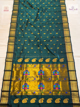 Handloom Pure Silk Maharani Paithani Saree- Rama Green — full saree — Vidhate Paithani, Yeola