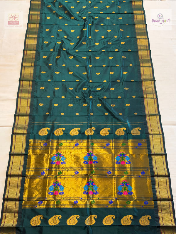 Handloom Pure Silk Maharani Paithani Saree- Rama Green — full saree — Vidhate Paithani, Yeola