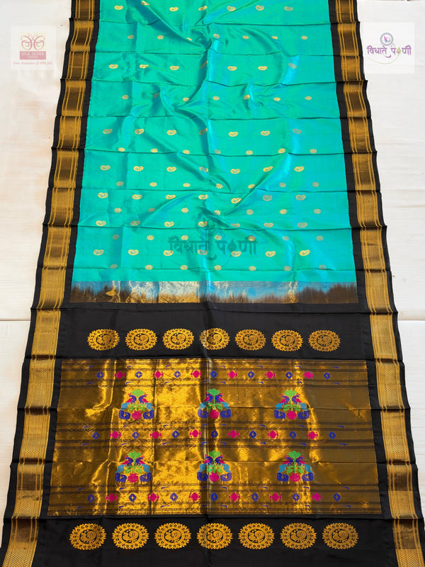 Handloom Pure Silk Maharani Paithani Saree- Turquoise — full saree — Vidhate Paithani, Yeola