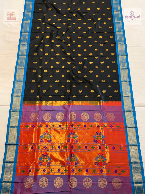 Handloom Pure Silk Maharani Paithani Saree- Black — full saree — Vidhate Paithani, Yeola