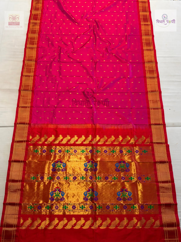 Handloom Pure Silk Kalanjali Paithani Saree- Red Pink Mix — full saree — Vidhate Paithani, Yeola
